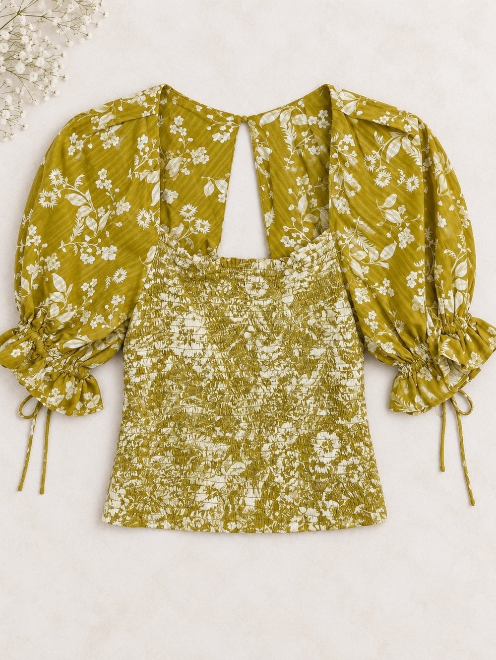 Anthropologie Floral Smocked Puff Sleeve Top Medium Mustard Yellow Boho